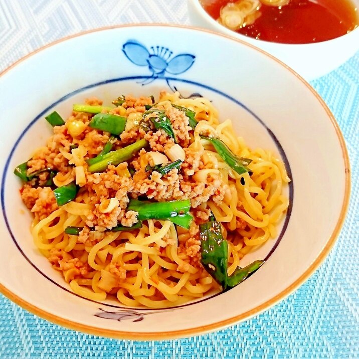 ピリ辛挽肉とニラの中華あえ麺